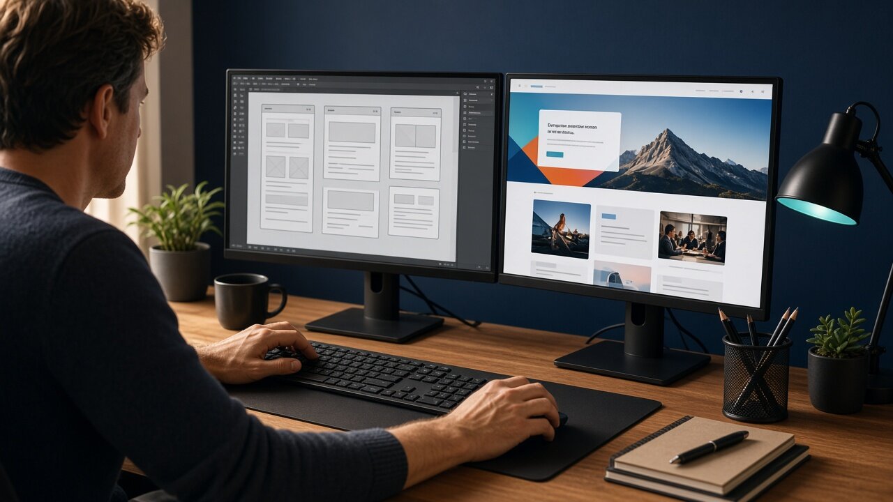Someone building a website at a dual-monitor desk.