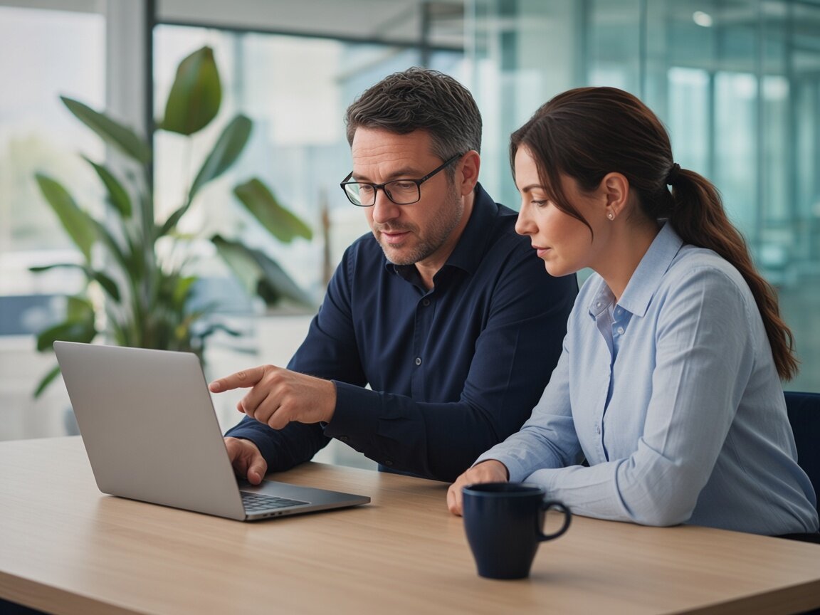 Two people reviewing a website together on a laptop.
