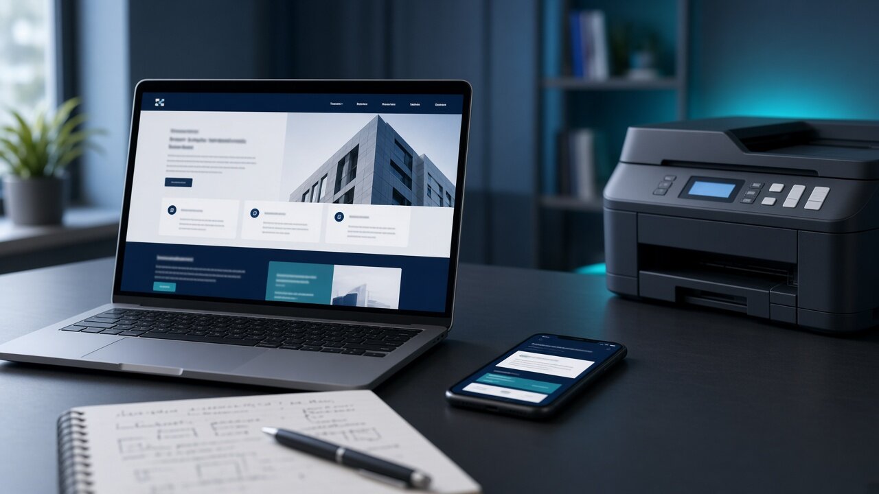 A desk with a laptop, phone, and office equipment used for day-to-day business work.